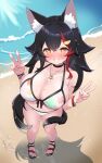  1girl animal_ear_fluff animal_ears beach bikini black_hair blue_sky blush breasts cleavage closed_mouth double_v front-tie_bikini_top front-tie_top hair_ornament hairpin highres hololive kani_bonara large_breasts leaf_print looking_at_viewer maple_leaf_print multicolored_hair no_shirt official_alternate_costume ookami_mio ookami_mio_(hololive_summer_2019) print_bikini red_hair sand side-tie_bikini_bottom sky smile solo streaked_hair swimsuit tail tail_around_own_leg tail_wrap v virtual_youtuber water wolf_ears wolf_girl wolf_tail 