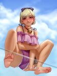  1girl absurdres barefoot blush breasts commission feet foot_focus highres kairunoburogu large_breasts legs looking_at_viewer original short_hair shorts smile soles solo toes underboob 