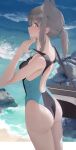  1girl absurdres adjusting_clothes adjusting_swimsuit animal_ear_fluff animal_ears ass bag beach blue_archive blue_eyes breasts cross_hair_ornament dingding_(chongsangjun) duffel_bag extra_ears from_behind from_side grey_hair hair_ornament highres looking_at_viewer medium_breasts one-piece_swimsuit ponytail rock shiroko_(blue_archive) shiroko_(swimsuit)_(blue_archive) sidelocks solo swimsuit water wolf_ears 