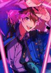 1boy absurdres arms_up brown_eyes brown_hair buttons collared_shirt commentary ensemble_stars! fingernails highres jacket long_sleeves looking_at_viewer male_focus mattaripp morisawa_chiaki necktie neon_palette official_alternate_costume open_clothes open_collar open_jacket open_mouth shirt short_hair solo star_(symbol) symbol-only_commentary teeth upper_body upper_teeth_only 