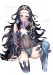  1girl bare_shoulders black_hair black_nails blue_panties bodystocking breasts circlet covered_navel fire_emblem fire_emblem_fates highres looking_at_viewer mouth_veil nail_polish nyx_(fire_emblem) osiri_siri_siri panties red_eyes see-through small_breasts solo thighhighs underwear veil 