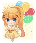  1girl balloon blonde_hair blue_eyes blush_stickers braid breasts chibi commentary darkness_(konosuba) dated dress english_text hair_ornament happy_birthday high_ponytail highres holding holding_balloon kono_subarashii_sekai_ni_shukufuku_wo! long_hair looking_at_viewer open_mouth puffy_short_sleeves puffy_sleeves raised_eyebrows shoes short_sleeves smile solo standing very_long_hair x_hair_ornament yellow_dress yuno_(suke_yuno) 