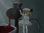  1girl bath blonde_hair blood crank dress flandre_scarlet hat kneehighs meat_mincer meatgrinder medium_hair mob_cap posumine puffy_short_sleeves puffy_sleeves red_eyes short_sleeves socks solo touhou white_dress white_headwear white_socks wings 