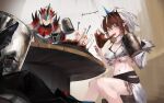  1girl absurdres arknights bare_shoulders blue_eyes brown_hair food highres holding holding_food kirin_r_yato_(arknights) looking_at_viewer milktea_wegan multicolored_hair noir_corne_(arknights) pointy_ears rathalos_s_noir_corne_(arknights) thighs two-tone_hair white_hair yato_(arknights) 