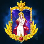  1girl alternate_costume bishoujo_senshi_sailor_moon blonde_hair breasts cleavage commentary covering_one_eye crystal drachea_rannak dress english_commentary highres long_dress long_hair medium_breasts multicolored_hair red_eyes red_hair sailor_galaxia solo space two-tone_hair very_long_hair wavy_hair white_dress 