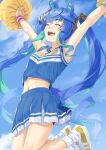  1girl :d ^_^ ahoge animal_ears armpits arms_up blue_hair blue_shirt blue_skirt blue_sky breasts cheerleader closed_eyes cloud cloudy_sky commentary_request crop_top day horse_ears horse_girl horse_tail long_hair midriff miri_(ago550421) multicolored_hair navel outdoors pleated_skirt pom_pom_(cheerleading) sharp_teeth shirt shoes sidelocks skirt sky sleeveless sleeveless_shirt small_breasts smile socks solo tail teeth twin_turbo_(umamusume) twintails two-tone_hair umamusume very_long_hair white_socks yellow_footwear 