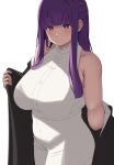  1girl absurdres black_coat blunt_bangs blush breasts coat collar covered_navel cowboy_shot dress fern_(sousou_no_frieren) frilled_collar frills highres large_breasts long_hair looking_down moisture_(chichi) off_shoulder open_clothes open_coat parted_lips plump purple_eyes purple_hair sidelocks simple_background sleeveless sleeveless_dress solo sousou_no_frieren standing straight_hair undressing white_background white_dress 