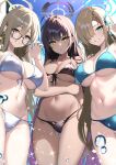  3girls akane_(blue_archive) alternate_costume aosaki_yukina asuna_(blue_archive) bare_shoulders bikini black_bikini black_hair blue_archive blue_bikini blue_eyes blue_ribbon blue_sky blush breasts brown_eyes cleavage collarbone commentary_request dark-skinned_female dark_skin glasses grin hair_between_eyes hair_over_one_eye hair_ribbon halo highres karin_(blue_archive) large_breasts light_brown_hair long_hair looking_at_viewer multiple_girls navel ribbon sideboob sky smile sparkle stomach swimsuit underboob very_long_hair water_drop white_bikini yellow_eyes 