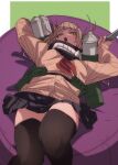  1girl black_skirt black_thighhighs blonde_hair boku_no_hero_academia buttons fu-ta highres holding holding_knife holding_weapon knife long_sleeves looking_at_viewer lying messy_hair on_back open_mouth panties skindentation skirt solo sweater_vest thighhighs toga_himiko underwear weapon white_panties 