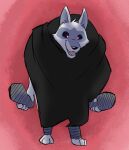  anthro black_sclera canid canine canis cloak clothed clothing death_(puss_in_boots) dreamworks facial_markings flip_flops footwear head_markings holding_object keeperaft male mammal markings poncho prick_ears puss_in_boots_(dreamworks) red_eyes sandals simple_background solo standing teeth wolf 