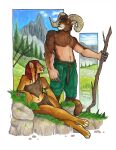  anthro bighorn_sheep black_nose bottomwear bovid brown_body brown_fur brown_hair caprine clothed clothing cougar duo felid feline female foxene fur grass hair hi_res loincloth male mammal midriff mountain navel outside pink_nose plant red_hair sheep stick tail tree 