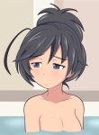  1girl ahoge alternate_hairstyle averting_eyes bath black_eyes black_hair blush breasts closed_mouth commentary frown girls_und_panzer hair_up half-closed_eyes indoors isuzu_hana looking_to_the_side medium_breasts ofuro partially_submerged solo tanaka_rikimaru 