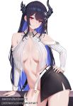  1girl bare_shoulders belt black_hair black_skirt blue_hair breasts closed_mouth colored_inner_hair contrapposto demon_horns hand_on_own_hip highres hololive hololive_english horns large_breasts long_hair mole mole_under_eye multicolored_hair navel nerissa_ravencroft open_clothes open_skirt red_eyes secon skirt solo stomach straight_hair two-tone_hair uneven_horns very_long_hair virtual_youtuber white_background white_belt 