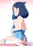  1girl apron ass blue_apron blue_eyes blue_hair blush breasts commentary_request gradient_background hair_ornament hairclip highres liko_(pokemon) multicolored_hair naked_apron open_mouth pokemon pokemon_(anime) pokemon_horizons red_background sitting small_breasts socks solo sweat tottotonero two-tone_hair wariza white_background white_socks 