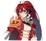  1girl ahoge braid breasts commentary elesis_(elsword) elsword empire_sword_(elsword) eus_ing hair_between_eyes long_hair looking_at_viewer medium_breasts ponytail red_eyes red_hair simple_background solo symbol-only_commentary upper_body white_background 