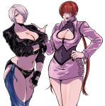  angel_(kof) backless_pants blue_eyes bra breasts chaps cleavage cleavage_cutout clothing_cutout covered_eyes crop_top cropped_jacket earrings fingerless_gloves gloves hair_over_eyes hair_over_one_eye hasuda_kunkun jacket jewelry large_breasts leather leather_jacket lips lipstick looking_at_viewer makeup midriff miniskirt navel panties pants pink_jacket red_hair shermie_(kof) short_hair skirt snk split_ponytail strapless strapless_bra the_king_of_fighters the_king_of_fighters_&#039;97 the_king_of_fighters_xiv toned underwear white_hair 