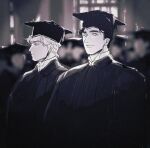  2boys closed_mouth commentary_request dio_brando ear_birthmark graduation hat jojo_no_kimyou_na_bouken jonathan_joestar looking_at_viewer looking_to_the_side male_focus meng_bu_chong monochrome mortarboard multiple_boys muscular muscular_male phantom_blood robe short_hair smile 