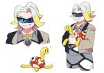  1boy absurdres black-framed_eyewear blonde_hair brown_jacket closed_eyes closed_mouth collared_shirt commentary_request gordie_(pokemon) grey_shirt grey_shorts grin highres holding holding_pokemon jacket jewelry looking_at_viewer male_focus mira_(miramita8727) multiple_views necklace notice_lines pokemon pokemon_(creature) pokemon_(game) pokemon_swsh shirt short_hair shorts shuckle smile sunglasses teeth 