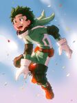  1boy absurdres artist_name boku_no_hero_academia boots chalseu commentary elbow_pads english_commentary freckles full_body gloves green_eyes green_hair highres hood hood_down knee_pads male_focus midoriya_izuku open_mouth pouch signature smile solo superhero white_gloves 