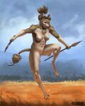  buckovskiart female fighting_pose fluffy fluffy_tail hi_res hyena jumping knife mammal melee_weapon neck_tuft polearm pose scar solo spear tail tribal tuft weapon white_body 