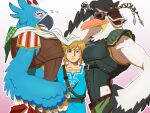  anthro avian beak biceps bird blonde_hair blue_body blue_eyes blue_feathers blush breath_of_the_wild embarrassed eyewear feathers goggles group hair hi_res humanoid hylian kass_(tloz) link male male/male nintendo parrot pecs pelecaniform pelican penn_(totk) ppaljang rito scarf size_difference tears_of_the_kingdom the_legend_of_zelda trio white_body white_feathers yellow_eyes 