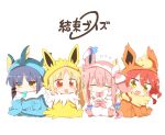  4girls :3 :d ahoge blonde_hair blue_hair blunt_ends blush bocchi_the_rock! chibi closed_eyes closed_mouth commentary_request cosplay flareon flareon_(cosplay) flying_sweatdrops gotou_hitori green_eyes hair_between_eyes hair_ornament hood hood_up ijichi_nijika jitome jolteon jolteon_(cosplay) kita_ikuyo long_hair mole mole_under_eye multiple_girls open_mouth parted_bangs pink_hair pokemon pokemon_ears raised_eyebrows rebecca_(keinelove) red_eyes red_hair short_hair side_ponytail simple_background sitting smile sweat sylveon sylveon_(cosplay) v-shaped_eyebrows vaporeon vaporeon_(cosplay) white_background yamada_ryou yellow_eyes 