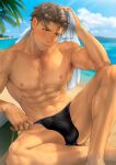  1boy abs bara beach black_male_swimwear blue_eyes brown_hair bulge cloud day highres jim_(mondi_hl) large_pectorals male_focus male_swimwear mondi_hl muscular muscular_male navel nipples original outdoors pectorals short_hair sky solo swim_briefs thighs twitter_username 