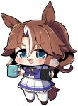  1girl :3 :d animal_ears blue_eyes blush brown_footwear brown_hair commentary_request cup full_body hair_between_eyes highres holding holding_cup horse_ears horse_girl horse_tail long_hair looking_at_viewer mejiro_palmer_(umamusume) mug multicolored_hair parted_bangs pleated_skirt plover puffy_short_sleeves puffy_sleeves purple_shirt shirt shoes short_sleeves simple_background skirt smile solo standing star_(symbol) streaked_hair tail thick_eyebrows thighhighs umamusume very_long_hair white_background white_hair white_skirt white_thighhighs 