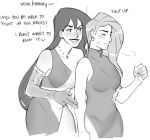  2girls black_hair blush breasts closed_eyes dachell_art disney dress gloves grabbing grabbing_from_behind green_eyes greyscale jewelry kim_possible kimberly_ann_possible long_hair makeup medium_breasts monochrome multiple_girls necklace shego smile teasing very_long_hair yuri 