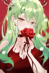  1girl ambiguous_red_liquid antlers bare_shoulders braid breasts ceres_fauna cleavage collarbone earrings flower green_hair hair_between_eyes hair_flower hair_ornament highres holding holding_flower hololive hololive_english jewelry large_breasts leaf long_hair mole mole_under_eye red_background red_flower upper_body virtual_youtuber white_flower xsilentred yellow_eyes 