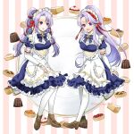  2girls absurdres alternate_costume apron blue_dress cake chocolate cosplay dress fire_emblem fire_emblem:_genealogy_of_the_holy_war fire_emblem_heroes food fruit full_body highres long_hair looking_at_another looking_at_viewer maid maid_headdress midori_no_baku mother_and_daughter multi-tied_hair multiple_girls official_alternate_costume open_mouth pastry pie pie_slice pink_background ponytail puffy_short_sleeves puffy_sleeves purple_eyes purple_hair short_sleeves smile striped striped_background tailtiu_(fire_emblem) tailtiu_(fire_emblem)_(cosplay) tailtiu_(tea_party)_(fire_emblem) tart_(food) tiered_tray tine_(fire_emblem) twintails twitter_username very_long_hair white_apron 