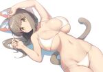  1girl animal_ear_fluff animal_ears arukiru bikini blush breasts brown_hair cat_ears cat_tail collarbone commentary_request fingernails highres huge_breasts long_hair looking_at_viewer lying navel on_back original simple_background stomach swimsuit tail thighs white_background white_bikini yellow_eyes 