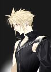  1boy bare_shoulders belt_buckle black_background black_shirt black_sleeves blonde_hair blood blood_on_face blue_eyes buckle closed_mouth cloud_strife collarbone commentary detached_sleeves duoj_ji earrings final_fantasy final_fantasy_vii final_fantasy_vii_advent_children highres jewelry male_focus popped_collar profile ribbed_shirt shirt short_hair shoulder_belt single_detached_sleeve sleeveless sleeveless_shirt solo spiked_hair stud_earrings twitter_username upper_body zipper 