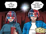  1boy 1girl 3d_glasses alear_(female)_(fire_emblem) alear_(fire_emblem) alear_(male)_(fire_emblem) alternate_costume bangs bendy_straw blue_hair blue_jacket blue_nails blue_sweater crossed_bangs cup disposable_cup drinking_straw dual_persona english_commentary english_text fingernails fire_emblem fire_emblem_engage food frown furrowed_brow hair_between_eyes hair_intakes holding holding_cup jacket long_hair mnejing30 movie_theater multicolored_hair multicolored_nails nail_polish open_clothes open_jacket open_mouth plaid plaid_jacket popcorn red_hair red_nails ribbed_sweater shirt short_hair speech_bubble split-color_hair streaked_hair sweater teeth theater_seating turtleneck turtleneck_sweater two-tone_hair upper_teeth_only white_shirt 