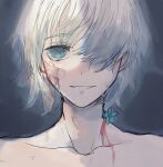  1boy bandaid bandaid_on_cheek bandaid_on_face blood blood_on_face blue_background blue_eyes blue_flower clip_studio_paint_(medium) collarbone crying crying_with_eyes_open english_commentary flower hair_over_one_eye hoshi-pan implied_nudity looking_at_viewer open_mouth original sad_smile short_hair solo streaming_tears tears teeth upper_body white_hair 