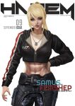  abs absurdres blonde_hair blue_eyes breasts cleavage commander_shepard commander_shepard_(female) commander_shepard_(female)_(cosplay) cosplay cover dog_tags english_text hair_between_eyes highres hood hoodie long_hair magazine_cover mass_effect mass_effect_(series) metroid midriff mole mole_under_mouth monori_rogue ponytail samus_aran toned white_background 