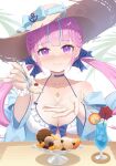  1girl absurdres bikini blue_hair blue_nails blush breasts cleavage closed_mouth cocktail_umbrella embarrassed food hat highres holding holding_spoon hololive ice_cream incoming_food jewelry keikei_(kitty_colors) large_breasts locket long_hair long_sleeves minato_aqua multicolored_hair nail_polish necklace pendant pink_hair purple_eyes solo spoon straw_hat sun_hat swimsuit twintails upper_body virtual_youtuber white_bikini 