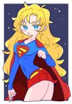  1girl blonde_hair blue_eyes breasts cape clenched_hand commission cowboy_shot dc_comics lipstick long_hair looking_at_viewer makeup op_na_yarou open_mouth red_cape skeb_commission solo supergirl superhero superman_(series) twisted_torso v-shaped_eyebrows wavy_hair 