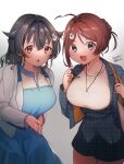  2girls ahoge black_hair black_jacket black_skirt blue_dress breasts brown_hair chougei_(kancolle) collarbone commentary_request dress gradient_background hair_bun hair_flaps hair_ornament hairclip highres jacket jewelry jingei_(kancolle) kantai_collection kirisawa_juuzou large_breasts long_hair medium_hair multiple_girls necklace official_alternate_costume open_clothes open_jacket open_mouth red_eyes shirt simple_background skirt upper_body whale_hair_ornament white_background white_jacket white_shirt 