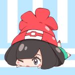  1girl asairosora beanie black_eyes black_hair blue_background blunt_bangs blush blush_stickers chibi commentary foot_up full_body green_shorts hat lying on_stomach one_eye_closed open_mouth poke_ball_symbol pokemon red_headwear selene_(pokemon) short_hair short_shorts shorts sidelocks solo striped striped_background 