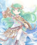  1girl blue_sky chain cloud diadem feet_out_of_frame forehead_jewel gold_chain green_eyes green_hair holding holding_sword holding_weapon kid_icarus kid_icarus_uprising long_hair palutena saya_(lelulinna) shield sky smile solo sword thighhighs vambraces watermark weapon 