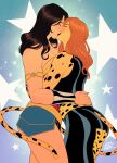  2dswirl 2girls ass bare_shoulders black_hair cheetah_(dc) cheetah_girl closed_eyes colored_skin dc_comics hand_on_another&#039;s_back highres kiss long_hair multiple_girls muscular muscular_female red_hair tail thighhighs tiara wonder_woman wonder_woman_(series) yellow_skin yuri 