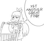  2023 amber_(snoot_game) anthro black_and_white bow_(feature) child dialogue dinosaur dot_eyes english_text feathered_wings feathers female hair monochrome pterodactylus pterosaur reptile scalie shopping_cart short_hair smile snoot_game snout solo text unknown_artist wings young 