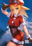  1girl absurdres bike_shorts bike_shorts_under_shorts blonde_hair blush brown_gloves cabbie_hat covered_navel cropped_jacket gloves green_eyes hat highres holding jacket mega_man_(series) mega_man_legends nanja red_headwear red_jacket red_shorts roll_caskett_(mega_man) shorts smile solo spandex 