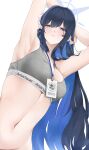 1girl armpits arms_up black_hair blue_archive blue_eyes blue_hair bra closed_mouth colored_inner_hair fte_(fifteen_199) grey_bra groin halo highres lanyard long_hair multicolored_hair navel saori_(blue_archive) simple_background solo stomach two-tone_hair underwear upper_body very_long_hair white_background 