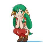  1girl breasts closed_mouth feena_(grandia) full_body grandia grandia_i green_eyes green_hair hair_ornament hair_tubes jewelry long_hair looking_at_viewer low-tied_long_hair midriff simple_background skirt smile solo squid_neetommy thighhighs v white_background wide_sleeves 