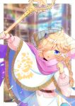  1girl ahoge blonde_hair blue_eyes blurry blurry_background braid chestnut_mouth commentary_request commission depth_of_field fringe_trim hair_ornament hair_over_one_eye hairclip holding holding_wand kou_hiyoyo long_hair long_sleeves mikusa parted_lips pink_shirt puffy_long_sleeves puffy_sleeves shirt skeb_commission skirt solo star_(symbol) star_hair_ornament very_long_hair wand white_skirt wonderland_wars 