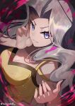  1girl artist_name bare_arms bare_shoulders blue_eyes blue_hair breasts cleavage collarbone crop_top dark_pulse_(pokemon) highres karen_(pokemon) large_breasts light_blue_hair long_hair midriff pants parted_bangs pokemon pokemon_(game) pokemon_hgss shirt solo spaghetti_strap wavy_hair white_pants yamanashi_taiki yellow_shirt 