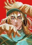  1boy argyle argyle_sweater blonde_hair blue_eyes diego_brando gloves green_shirt hat highres jojo_no_kimyou_na_bouken lips looking_at_viewer male_focus portrait red_background shirt solo steel_ball_run sugikahunkiena sweater turtleneck 