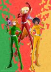  3girls absurdres alex_(totally_spies) andorudw artist_name black_hair blonde_hair blue_eyes bodysuit catsuit clover_(totally_spies) floating green_background green_bodysuit green_eyes hand_up heart high_heels highres holding holding_weapon jetpack long_hair multiple_girls orange_hair red_background red_bodysuit sam_(totally_spies) short_hair smile stiletto_heels totally_spies twitter_username weapon whoop_catsuit yellow_background yellow_bodysuit yellow_eyes 